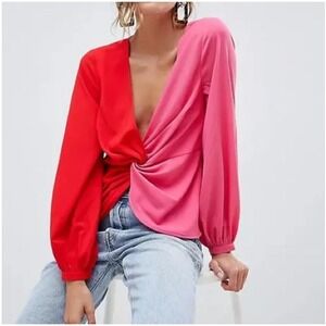 NWT ASOS Color Block Twist Front Long Sleeve Blouse Top Red Pink Womens Size‎ 14